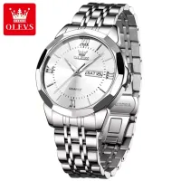 OLEVS 9989 Men's Watch Classic Prism Mirror Waterproof Dual Calendar Fashion Business Watch Luxury Brand Quartz Men Watch - Silver White